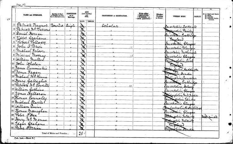 Handwritten entry in the 1901 Census for Michael Faloon at Smyllum Orphanage