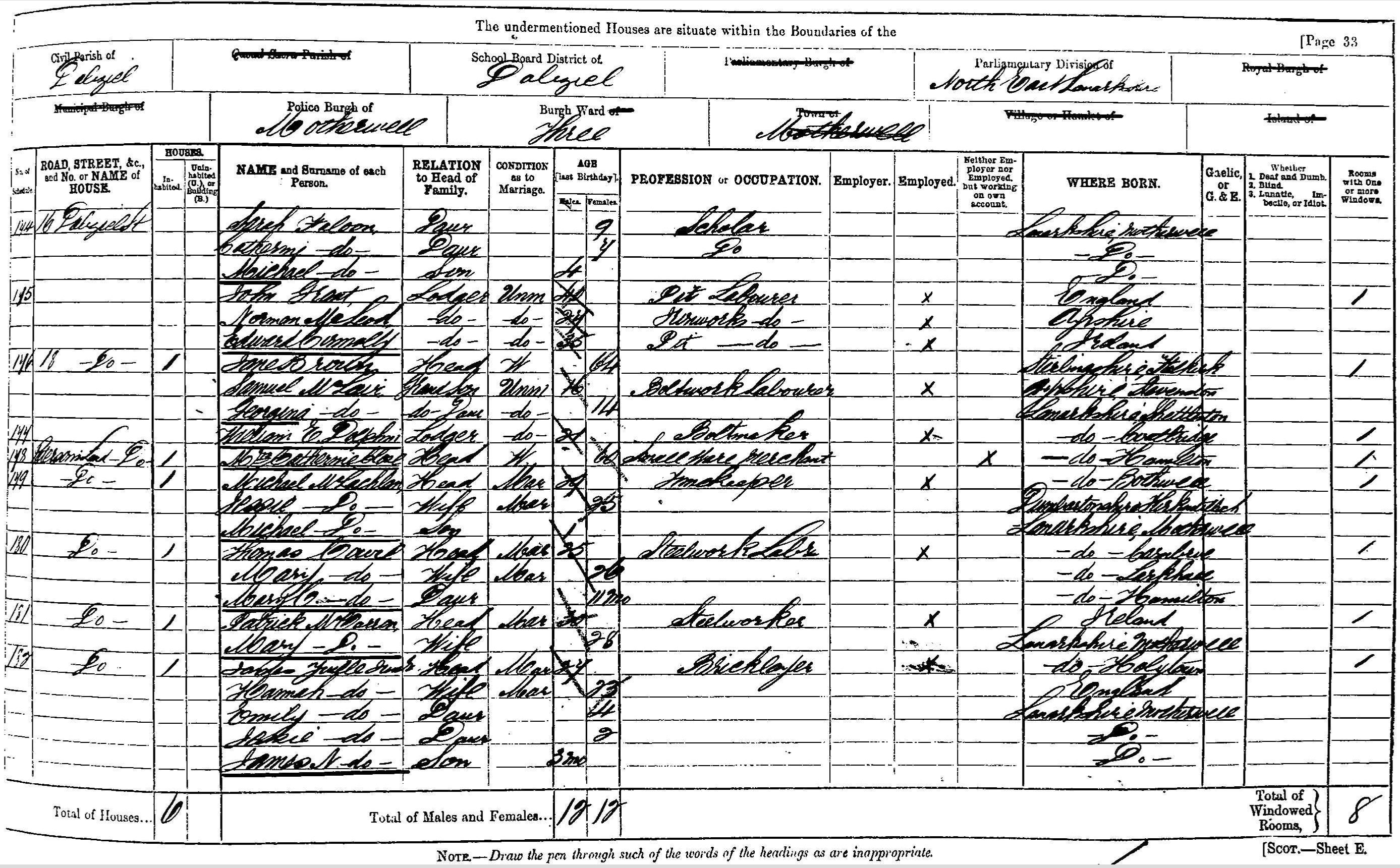 Handwritten entry in the 1891 Census for Sarah Falloon and Family, including 7 year old Catherine (Page 2)