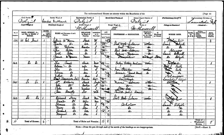 Image of the handwritten entries in the 1901 Census for a house headed by the widow Catherine McManus, with boarders carrying the names of Patton and Faloon.