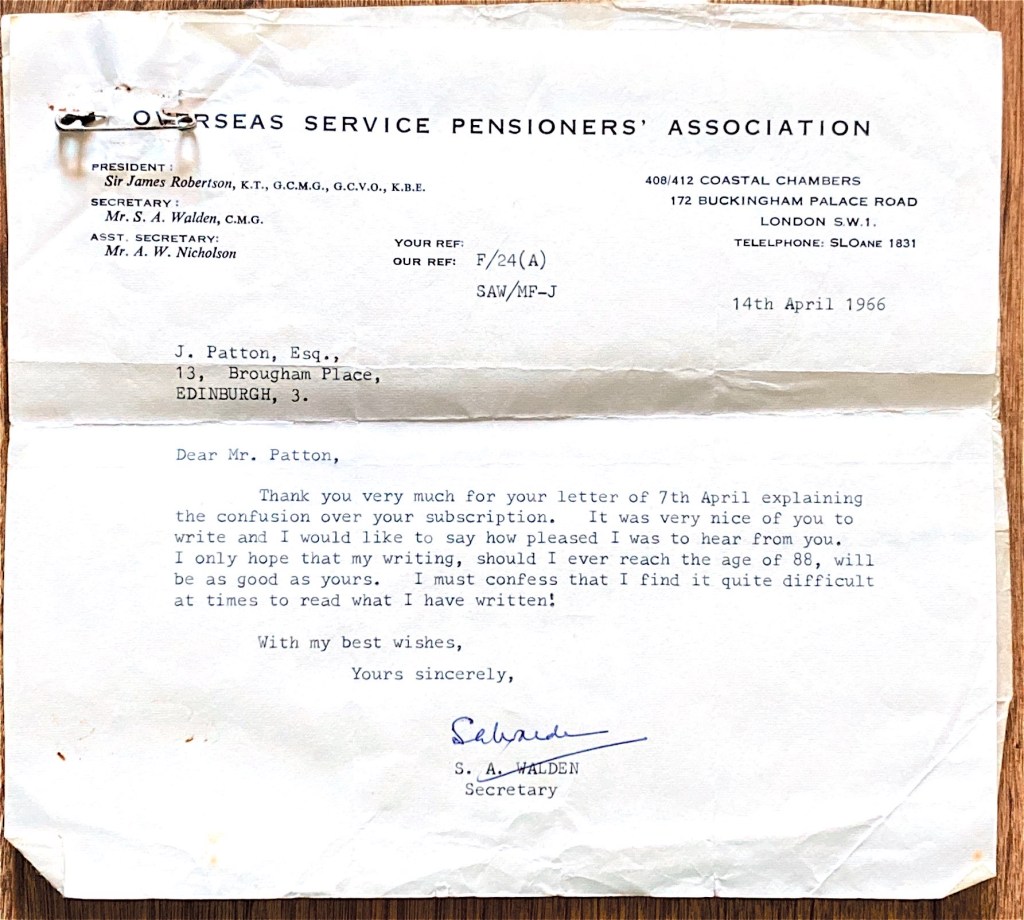 Letter to Joseph Patton from the Overseas Pensioners’ Association dated 14 April 1966 complimenting Joseph on his handwriting at the age of 88.