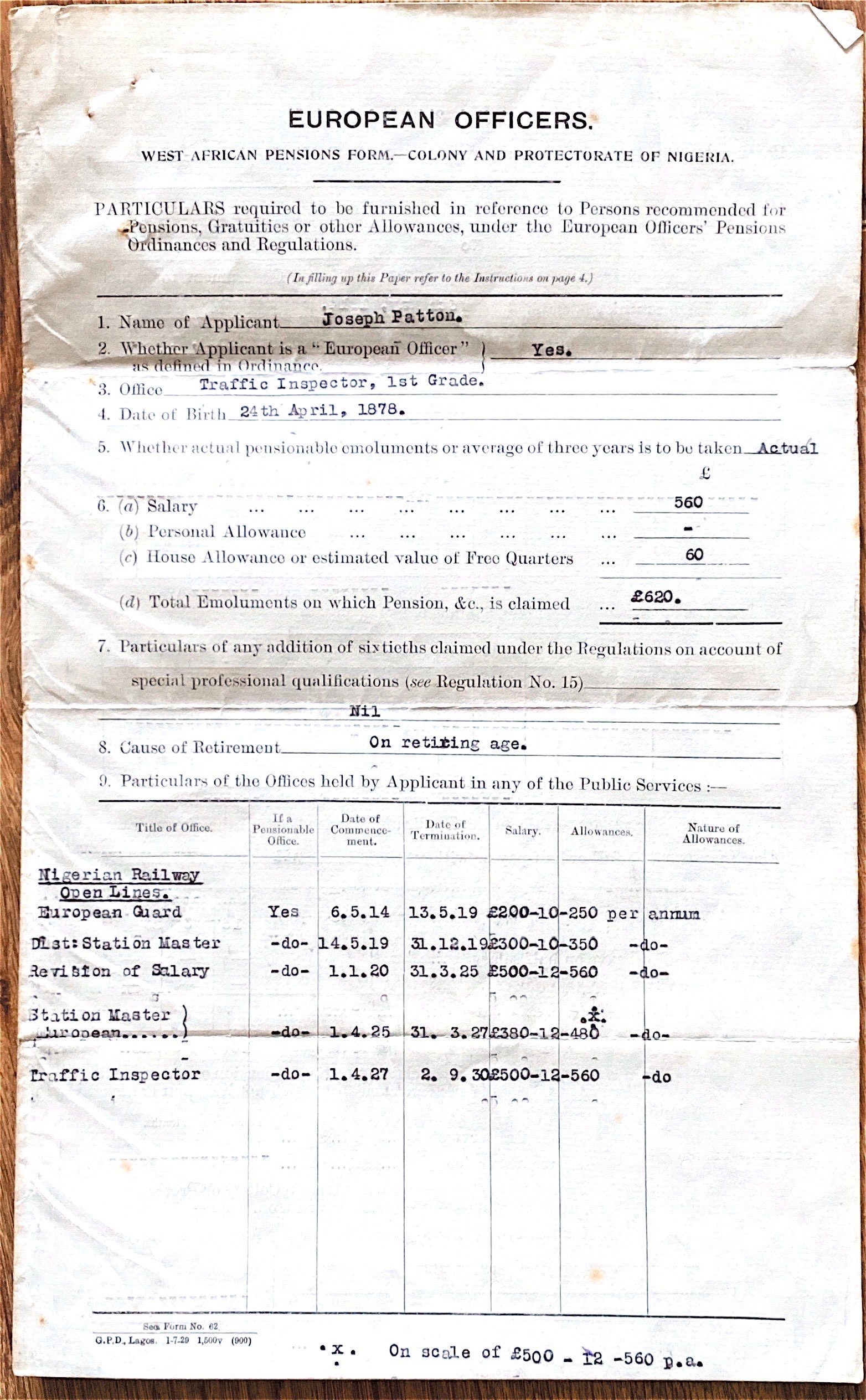 Image of Joseph Patton: West African Pensions Form page 1 showing that Joseph served the roles of European Guard, Station Master and Traffic Inspector.