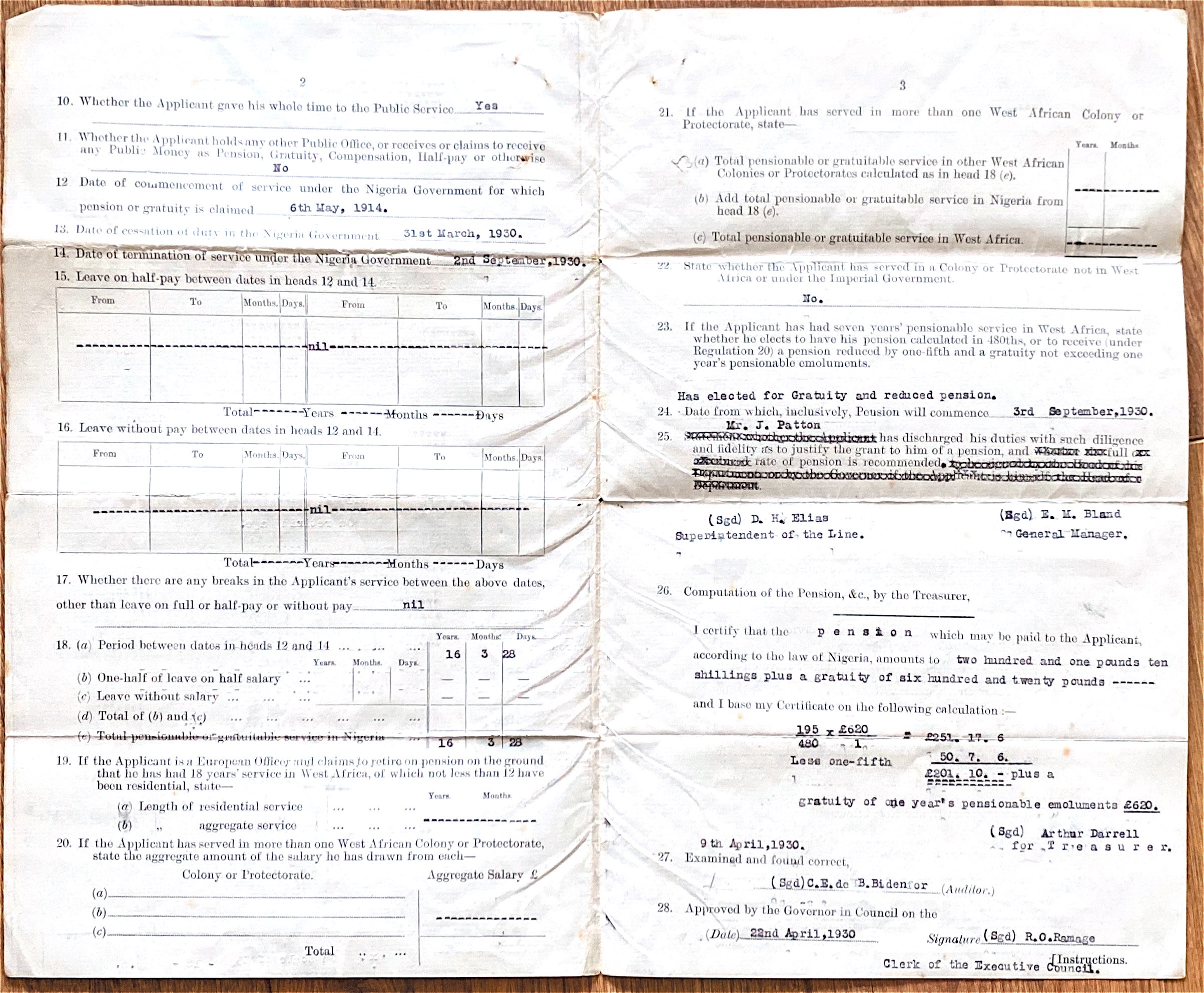 Image of Joseph Patton: West African Pensions Form pages 2 and 3 showing that Joseph served from 6 May 1914 to 2 September 1930 (16 years, 3 months and 28 days), and that he took a gratuity of £620 followed by an annual pension of £201 and 10 shillings.