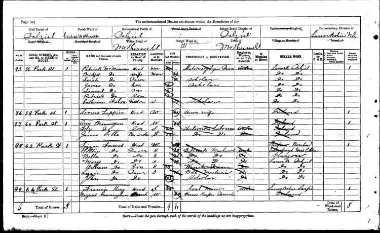 Handwritten entry in the 1901 Census relating to the family of Patrick and Bridget McManus (previous Bridget Falloon), with visitor Catherine Faloon.